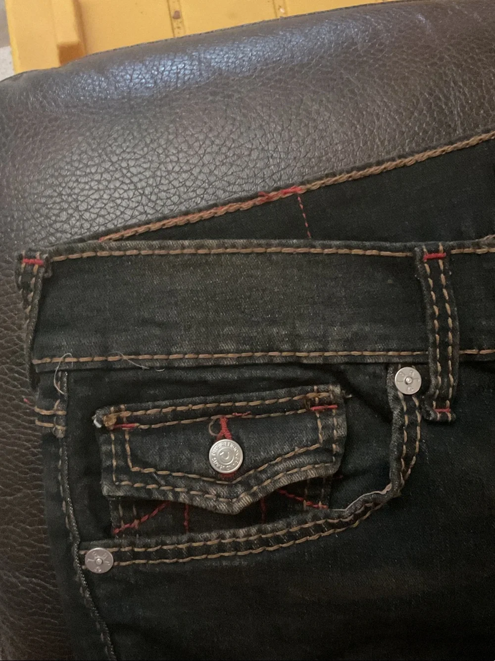 True Religion Men’s Dark Wash Jeans with Red Stitching
